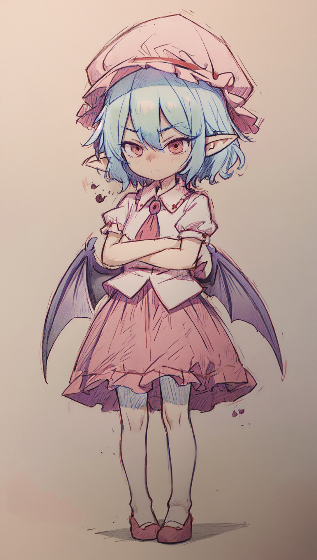 110768-4158960853-remilia scarlet, puffy short sleeves, bat wings, pointy ears, mob cap, skirt set, mid shot, shy, looking down, standing, crossed.png